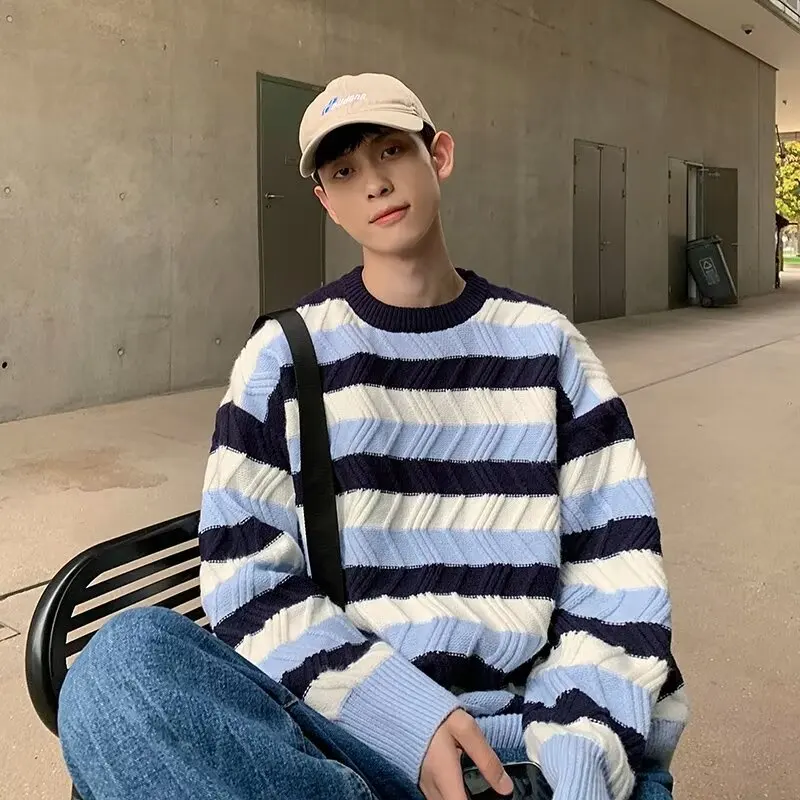 

Мужской свитер оверсайз Thiened 250 Pou, зимний свободный свободный свитер в полоску Lazy Sle, модный брендовый длинный вязаный топ