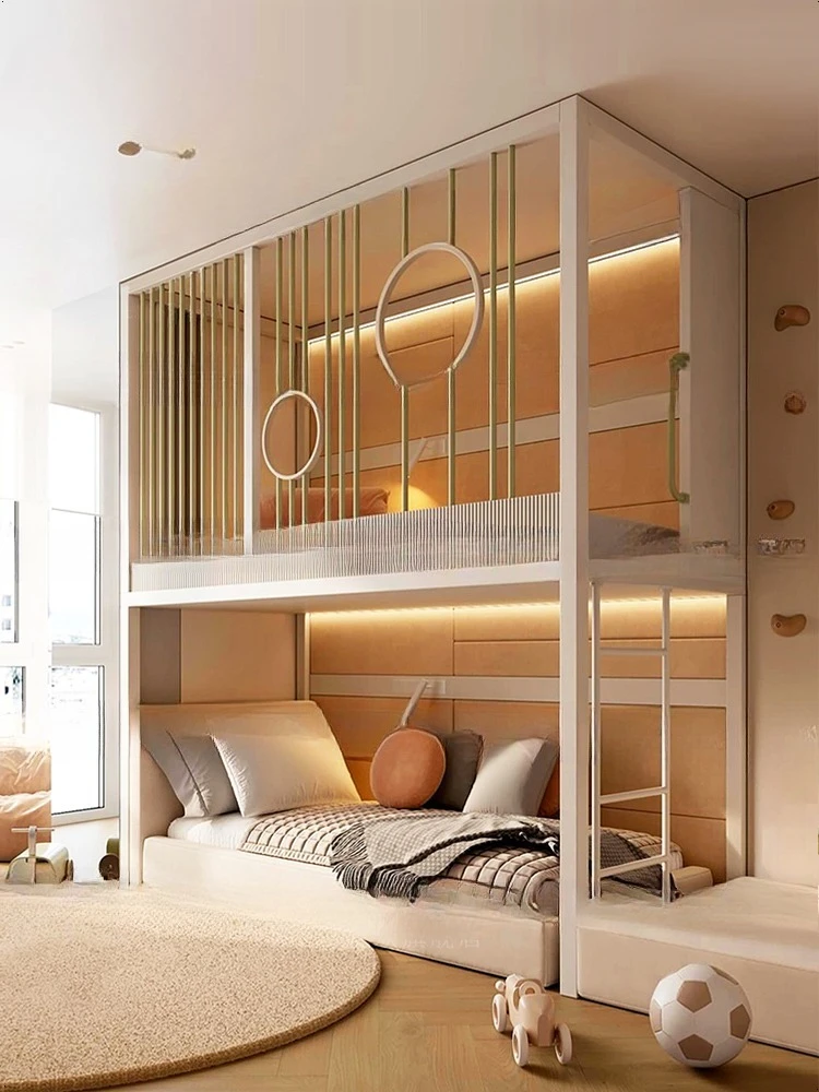 سرير علوي وسفلي حديث وبسيط، سرير عالي وسفلي من الخشب الصلب بطول 1 متر 2 سرير بفتحة دائرية سلم