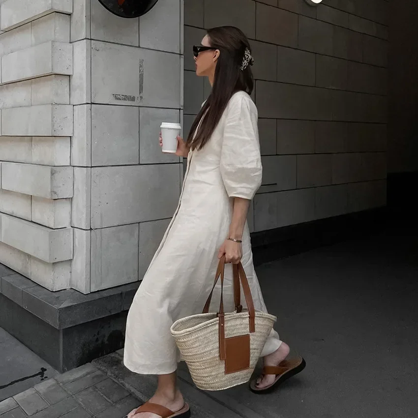 Robe Longue en Coton et Lin pour Femme, Col en V, lèvent, Manches Bouffantes, Dos aux, Sexy, Élégante, Vêtements ChimLadies, Été 2024