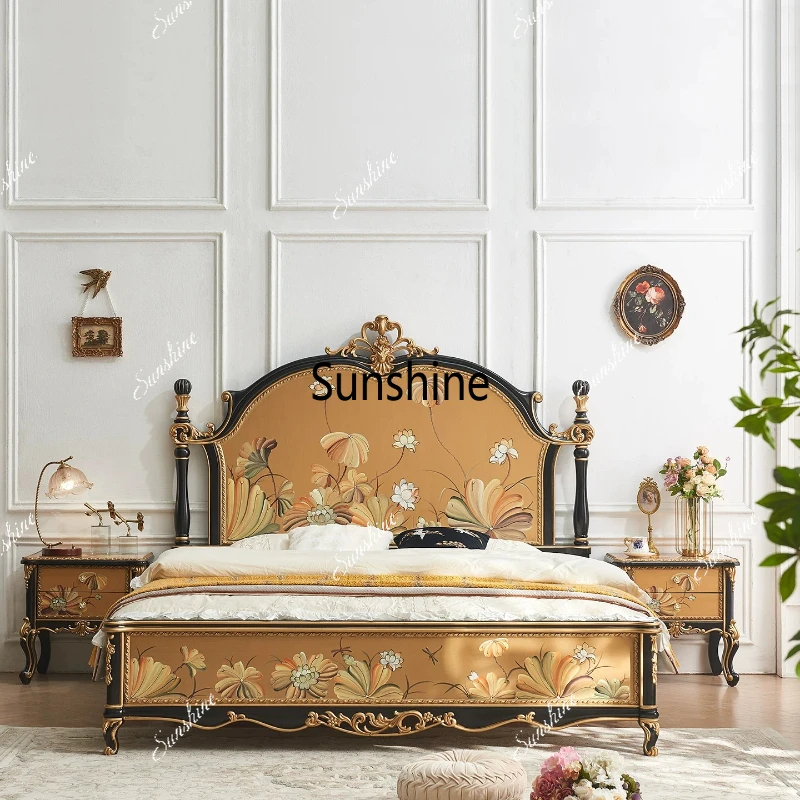 

French Chinese style hand-painted lotus solid wood carving bed master bedroom, neoclassical gold high-end