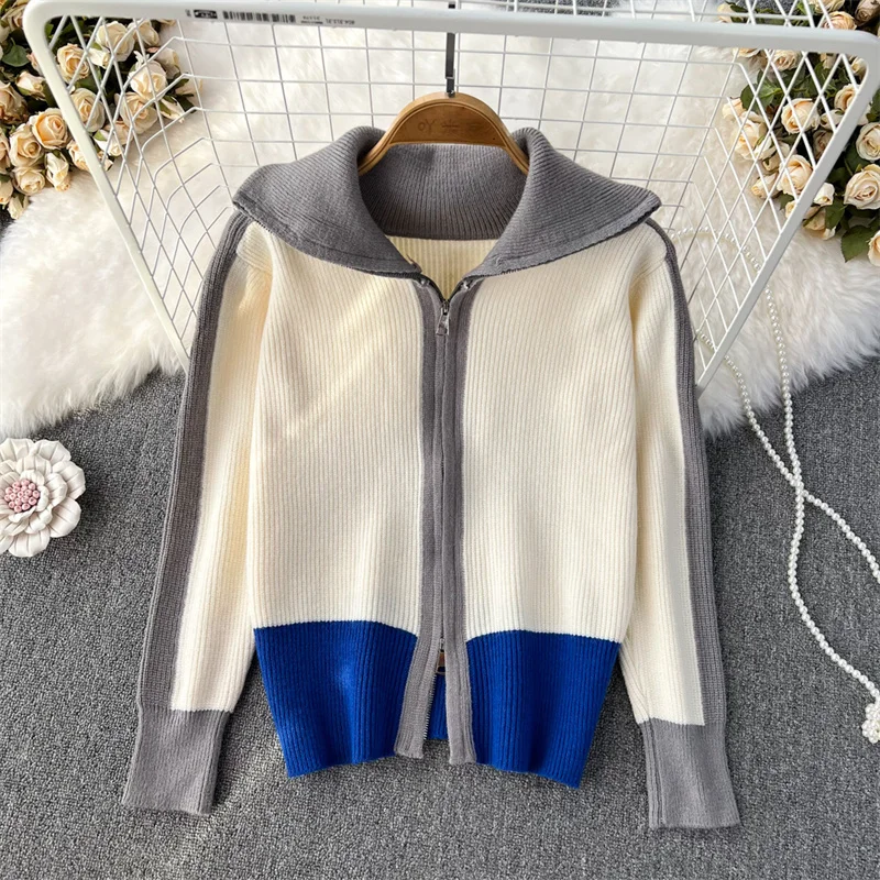 Double Zipper Sweater Cardigan for Women Korean Fashion 2023 New Design Loose Knitted Jumpers Female Stand Collar Coat