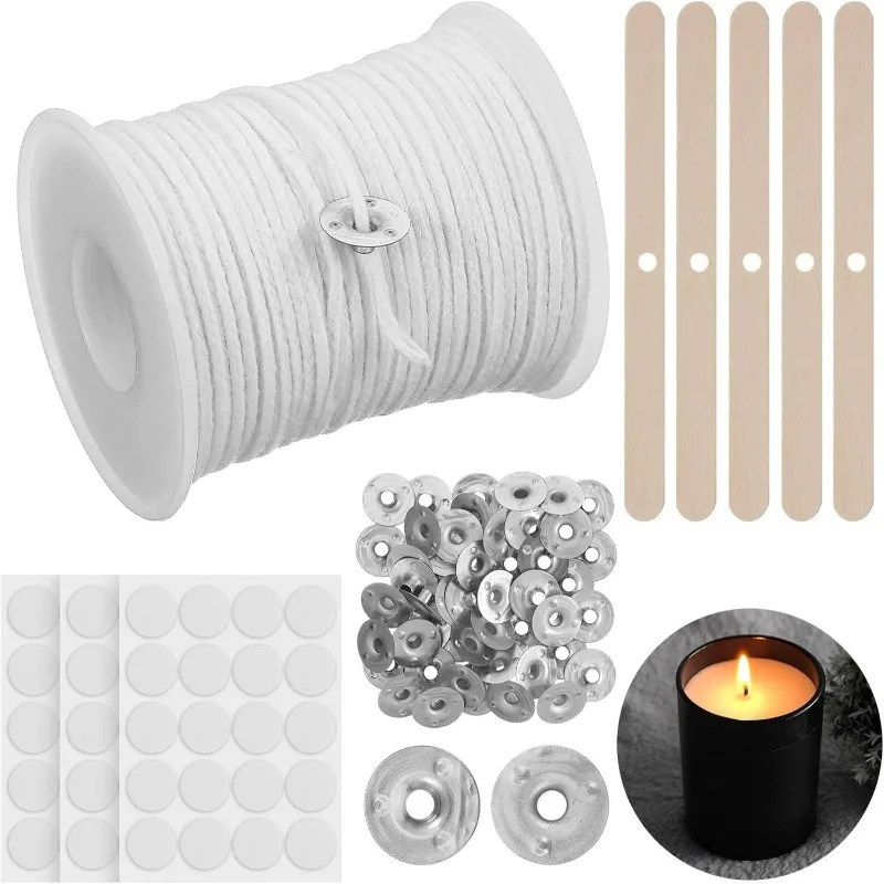 

Natural cotton candle wick roll with metal holder, candle wick positioning sticker, wooden candle wick locator