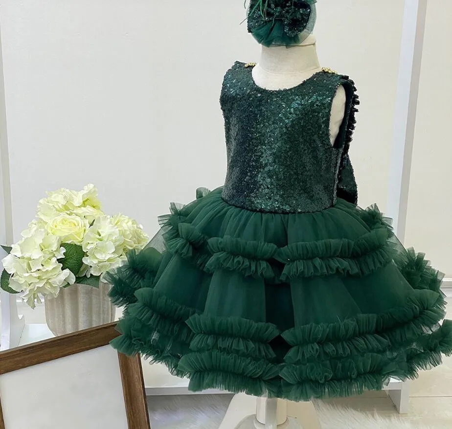 Emerald Green Flower Girl Dress Glitter Sequin Toddler Dress Baptism Dress Tiered Tulle Toddler Birthday Dress Puff Skirt