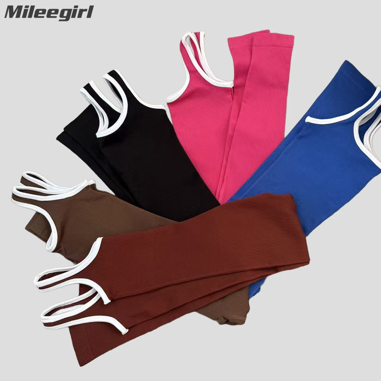 

Mileegirl бесшовные женские комбинезоны для йоги цельные эластичные спортивные леггинсы спортивные костюмы контрастного цвета ребристые боди для спортзала и фитнеса