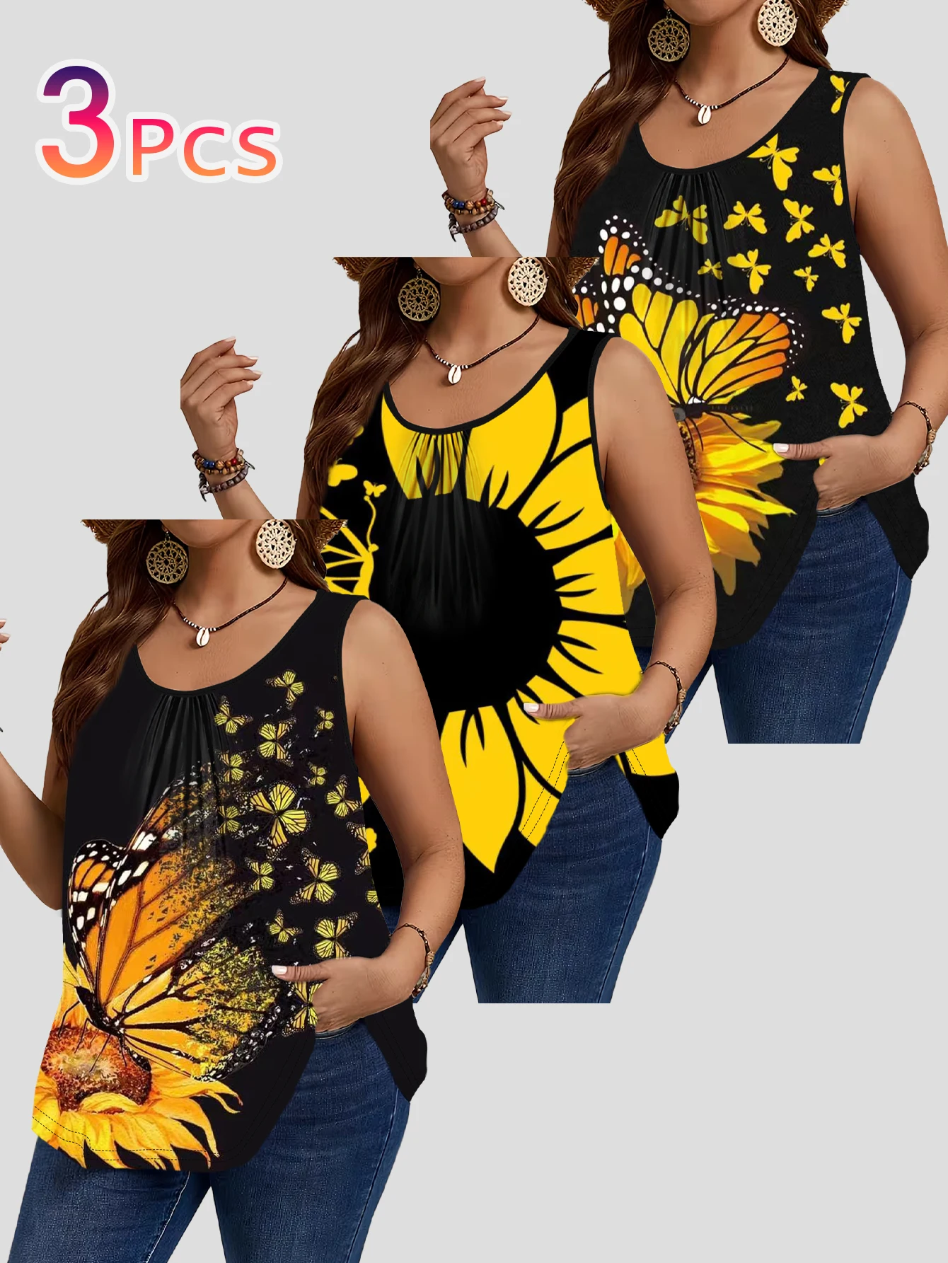 3-Piece Set of Plus-Size Sunflower and Butterfly Print Sleeveless Vests for Women, Black Base with Warm Yellow Sunflowers and Monarch Butterflies, Loose Round-Neck Tops That Cover the Body and Can Be Worn Outside