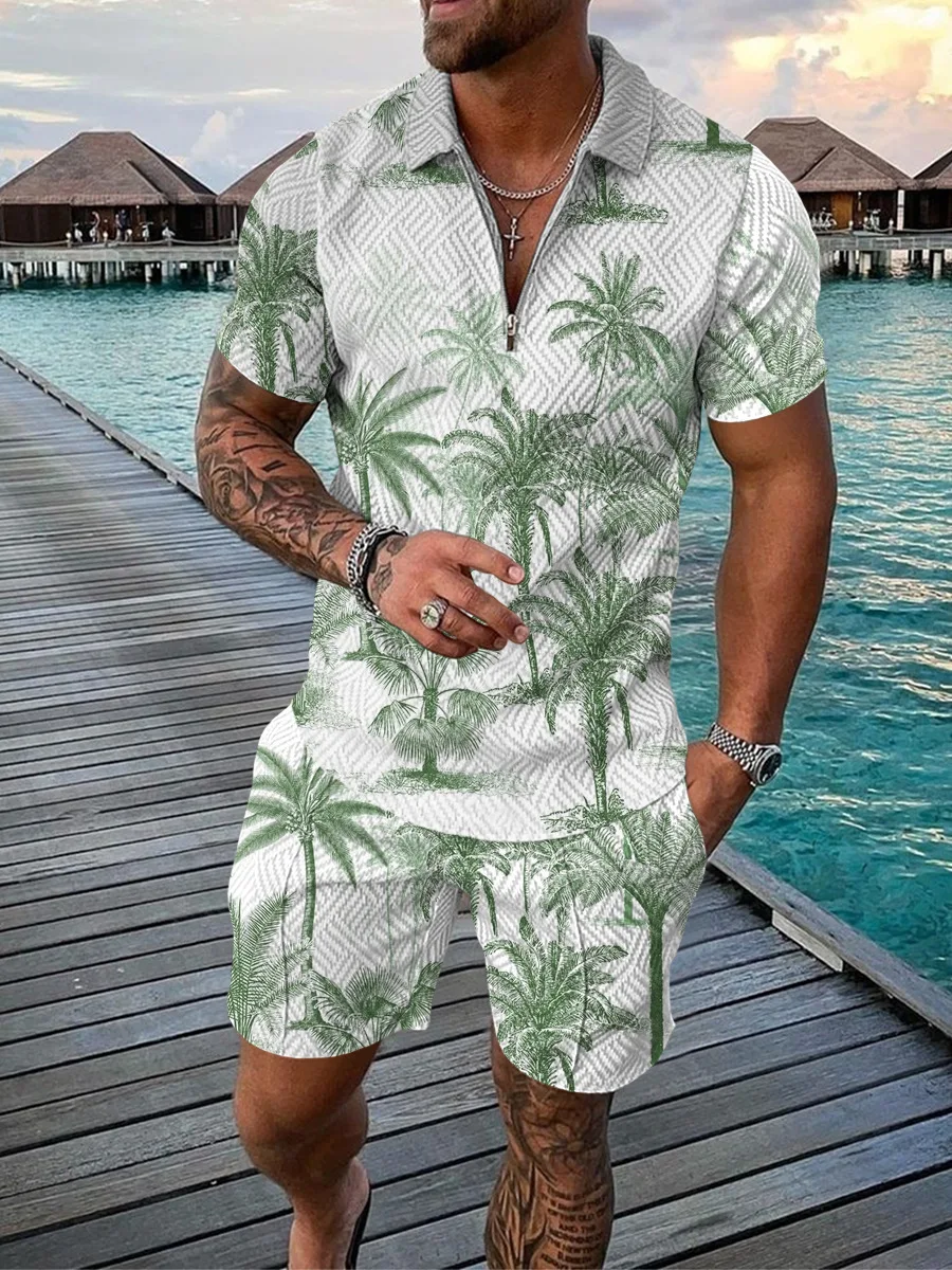 Hawaii 2pcs sets 3D Coconut tree print Zipper Polo Shirt Short Sleeve Shirt+Shorts Casual Fashion Zip-Up Unisex 2PCS Sweatshirt