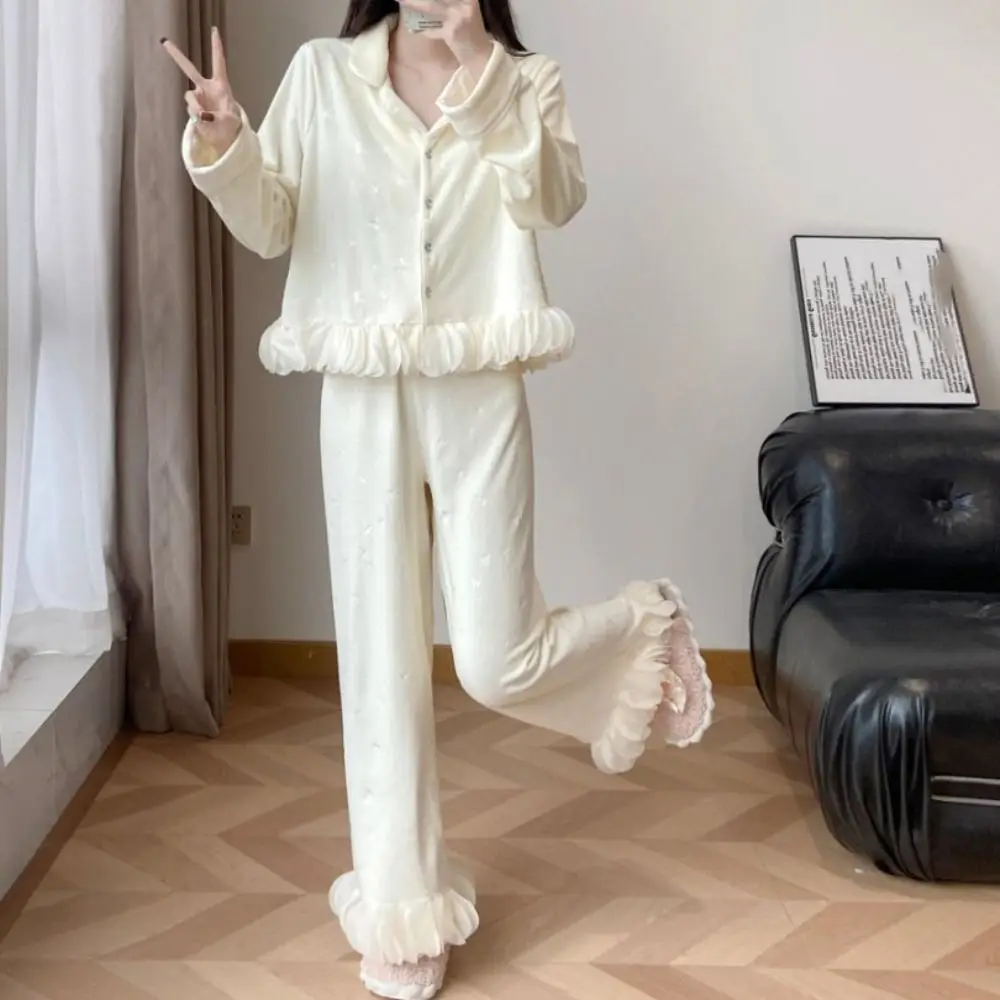 أزياء طويلة الأكمام أفخم القوس منامة مجموعة الحلو الشتاء المخملية منامة دعوى ملابس منزلية غير رسمية الدافئة رشاقته ملابس خاصة الخريف الشتاء