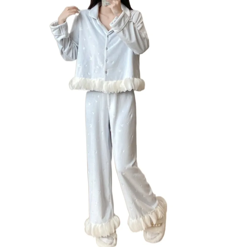 

Loose Long Sleeve Bow Pajamas Set Winter Sweet Velvet Pajamas Suit Ruffle Home Wear Warm Thicken Sleepwear Autumn Winter