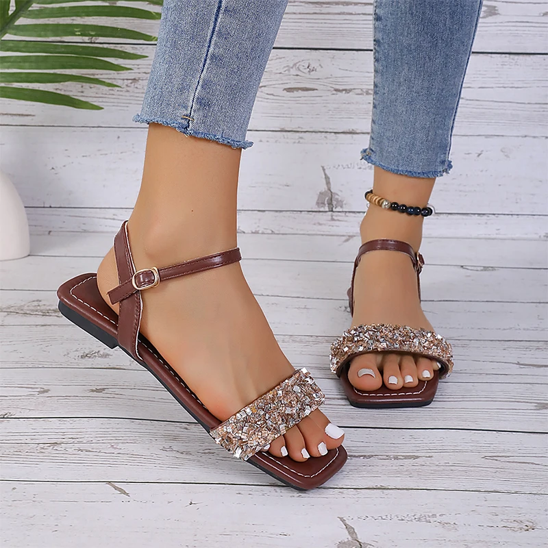 

Bling Women Flats Sandals Summer Open Toe Dress Shoes Designer New Beach Slippers 2024 Brand Flip Flops Slides Zapatillas Female