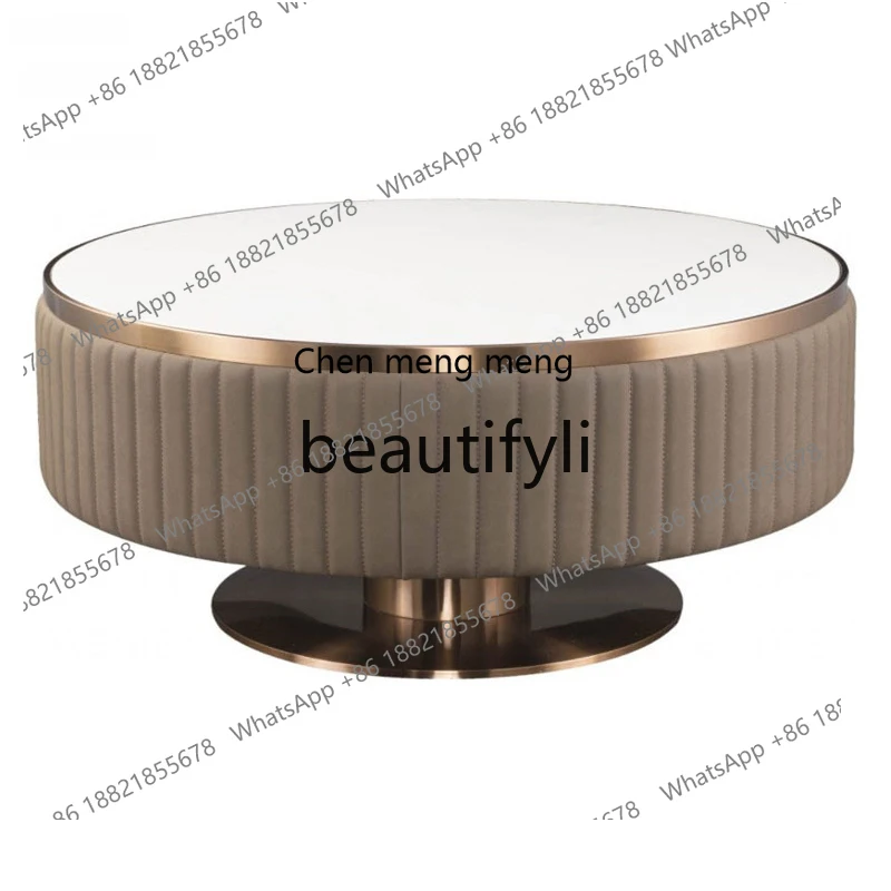 Modern simple stainless steel round coffee table living room light luxury marble tea table microfiber leather tea table
