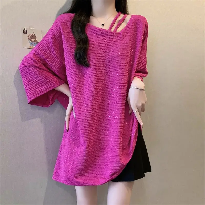 2024 Summer New Simplicity Solid Color V-neck Short Sleeve T-Shirts Female Casual Korean Irregular Hollow Out Loose Top Tee