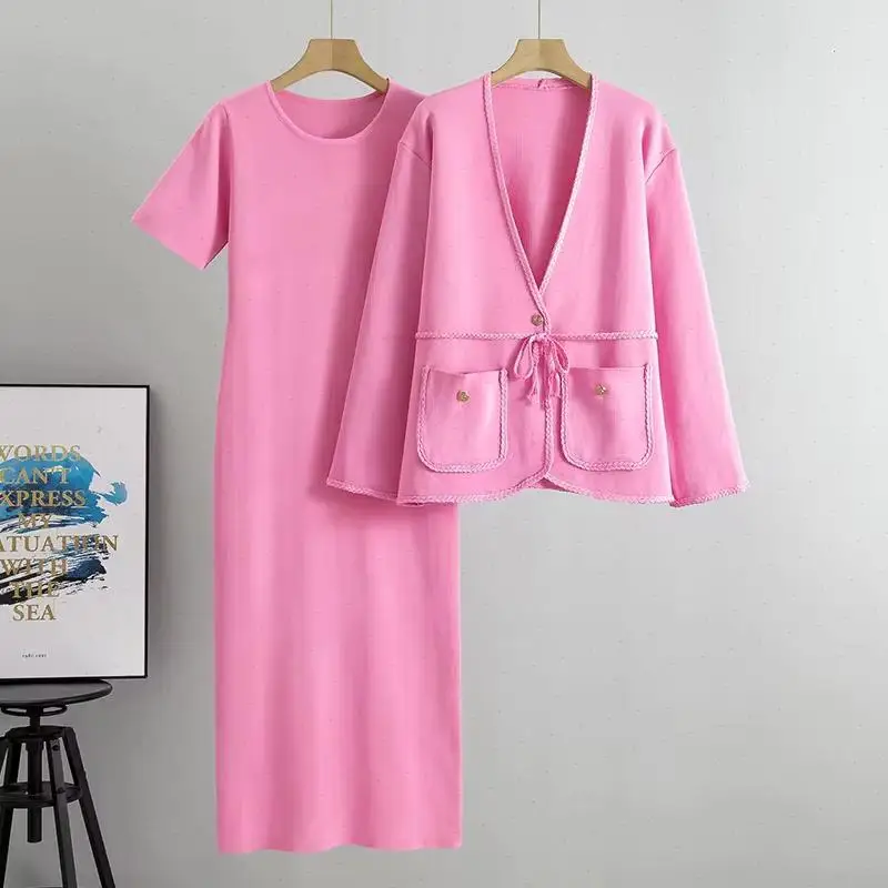 Women Two Piece Sets Dress Set Short Sleeve Long Dresses V Neck Cardigan Button Lace Up Y2k Streetwear Elegant Work Summer 2026