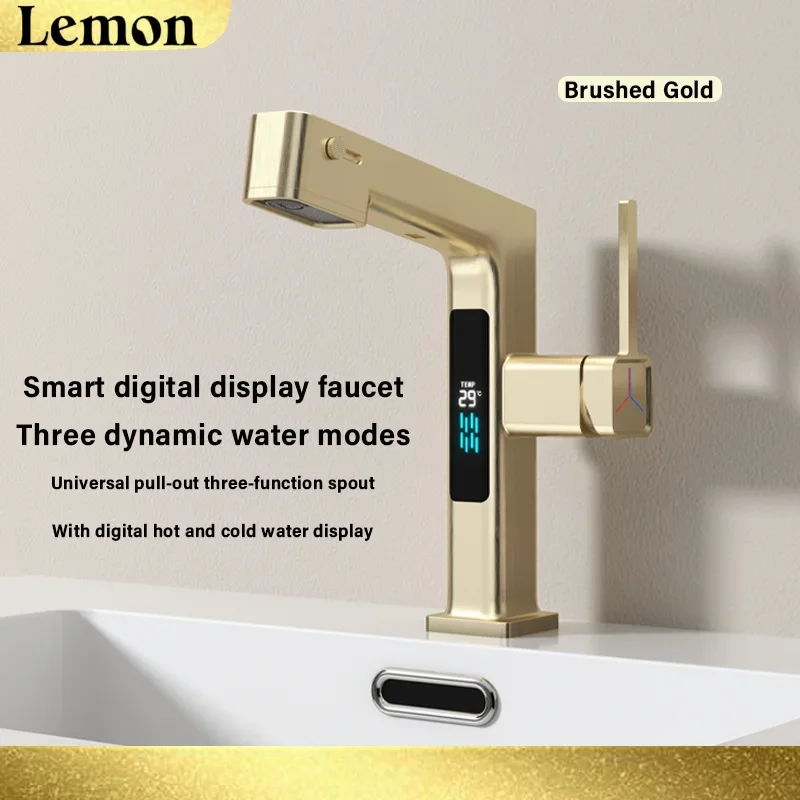 

Digital Display Basin Faucet Pull Out Spout Convenient Flush 3Water Flow Mode Top Water Outlet Solid Brass White Gold Bathroom