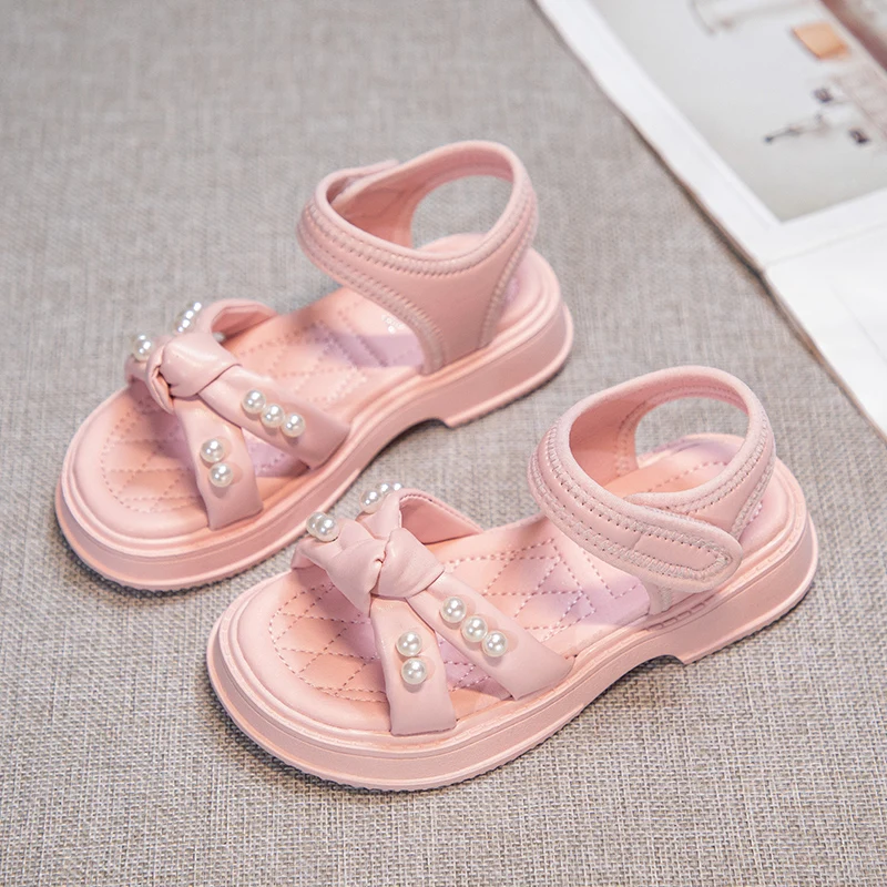 

Little Girls Cross Sandals Children Pearls Princess Sandals Anti-Slippery Fashion Kids Summer Beach Shoes All Match Size 26-37