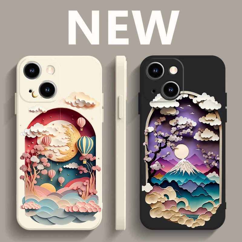 Paper Cute Landscape Creative Mountain Balloons Phone Case for IPhone 15 14 7 8 Plus XS X XR 14 13 Pro Max 13 12 Silcone Cover