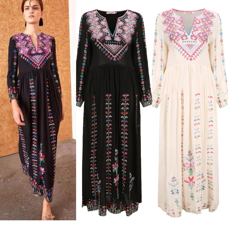 New Elegant Runway Summer Bohemian Vacation Maxi Robe Fow Women Sexy V Neck Black Embroidery Flower Linen High Waist Long Dress