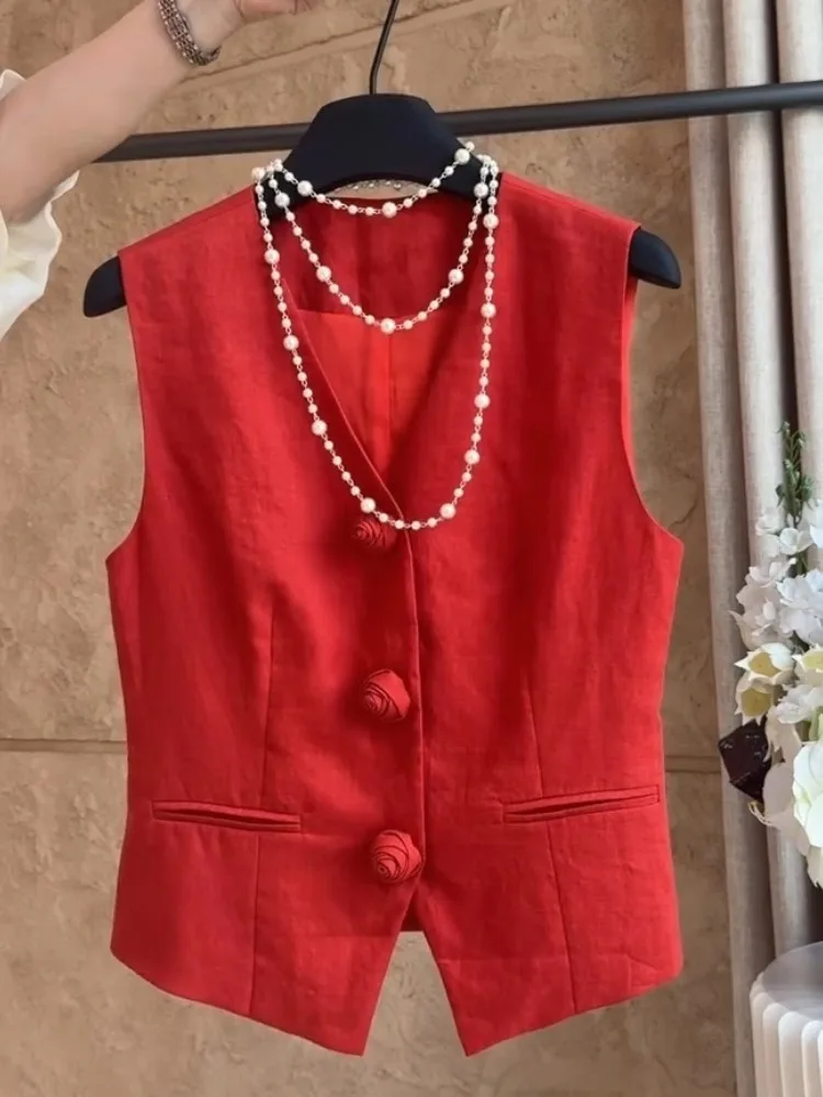 Letnia Lekka Czerwona Lniana Kamizelka Damska Cienka Elegancka Wyjątkowa Super Piękna Odmładzająca Osobowość Modny ...