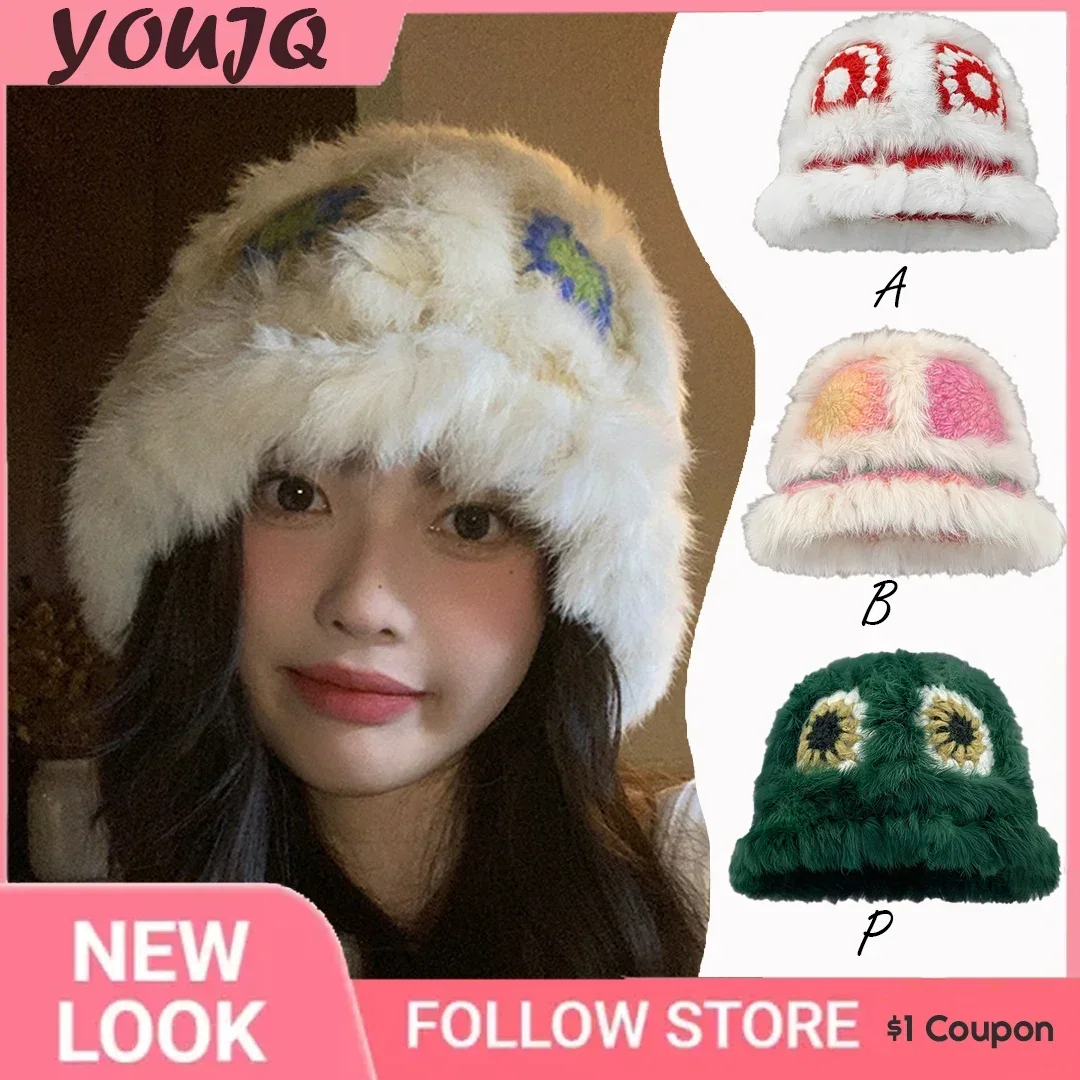 

Rabbit Hair Knitted Bucket Hats for Women Men Autumn Winter Warm Cute Fluffy Tiger Chinese Style Basin Fisherman Cap Bonnet