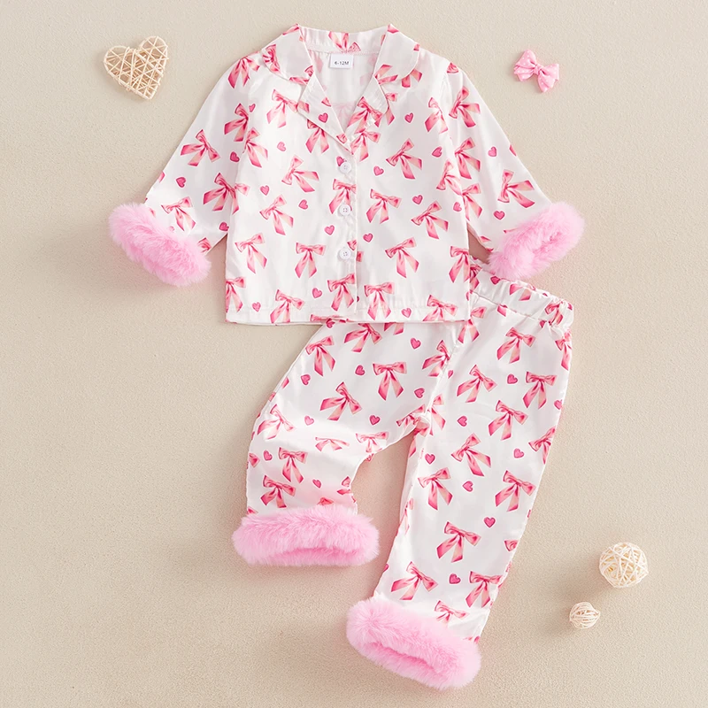 Toddler Baby Girl Valentine Pajamas Sets Bow Print Plush Laple Long Sleeve Tops with Pants