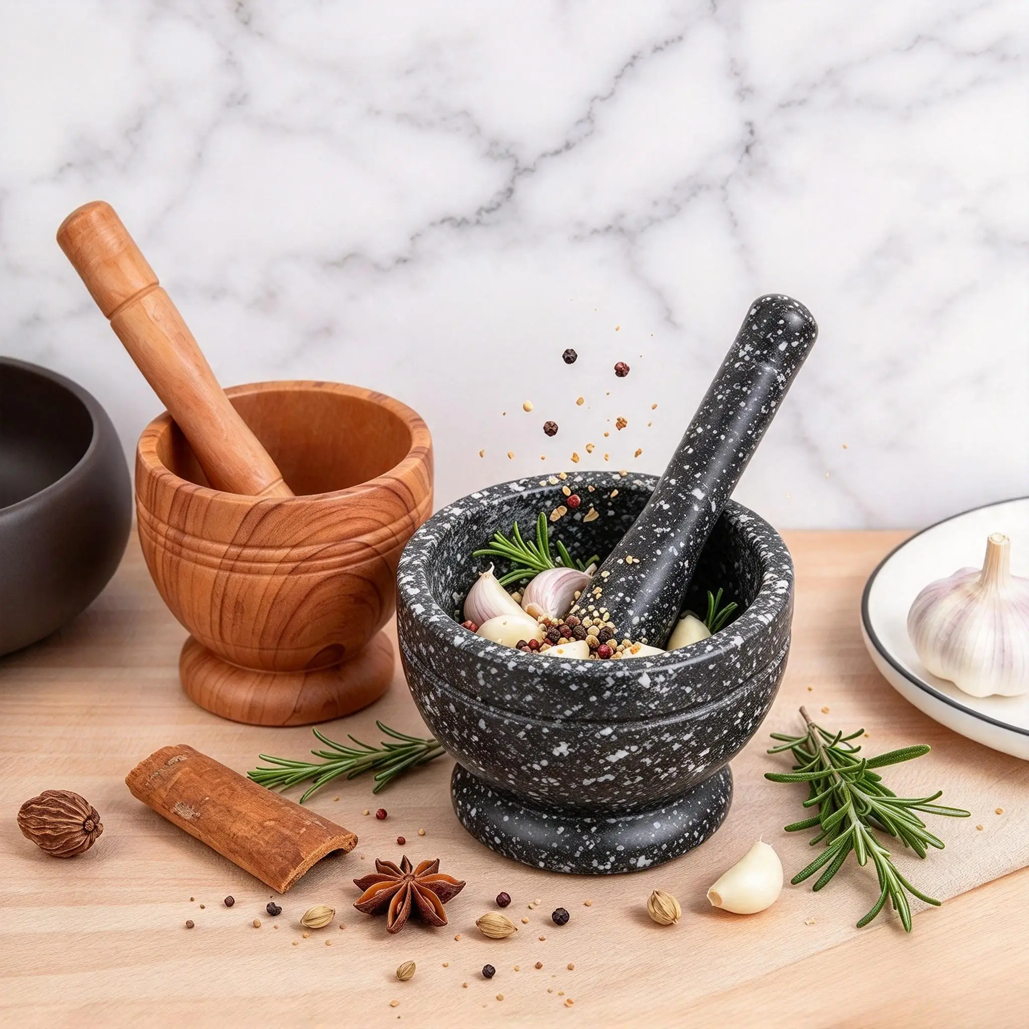 HTMCK Mortar and Pestle Manual Garlic Crusher, Multifunctional Spice Herb Grinder Grinding Bowl Kitchen Tool Set