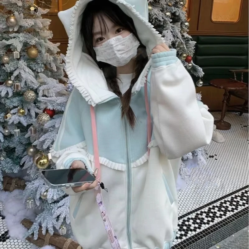 

Y2k милое пальто с капюшоном с кошачьими ушками, женское осенне-зимнее новое утолщенное теплое пальто средней длины с длинными рукавами, свободные топы Mujer