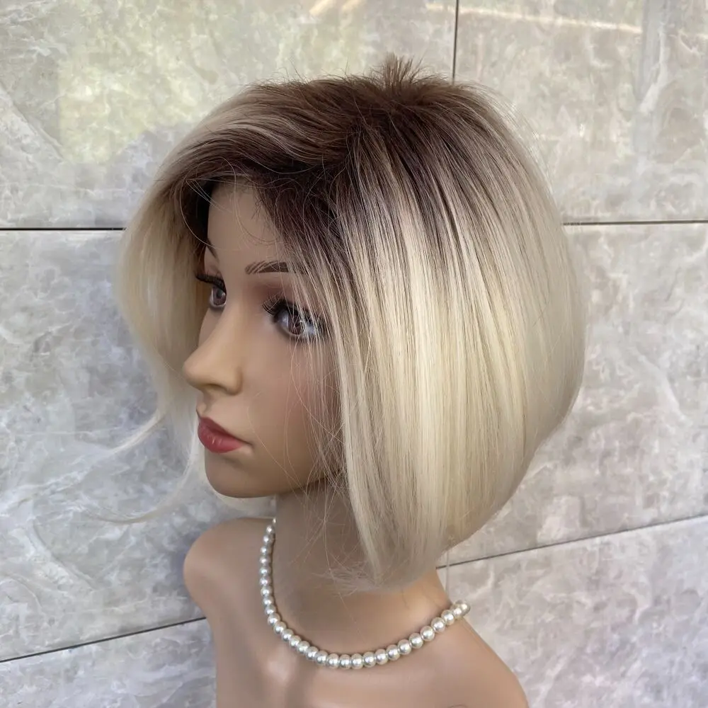 Perruques naturelles mélangées blondes à racines foncées, coiffure Bob courte