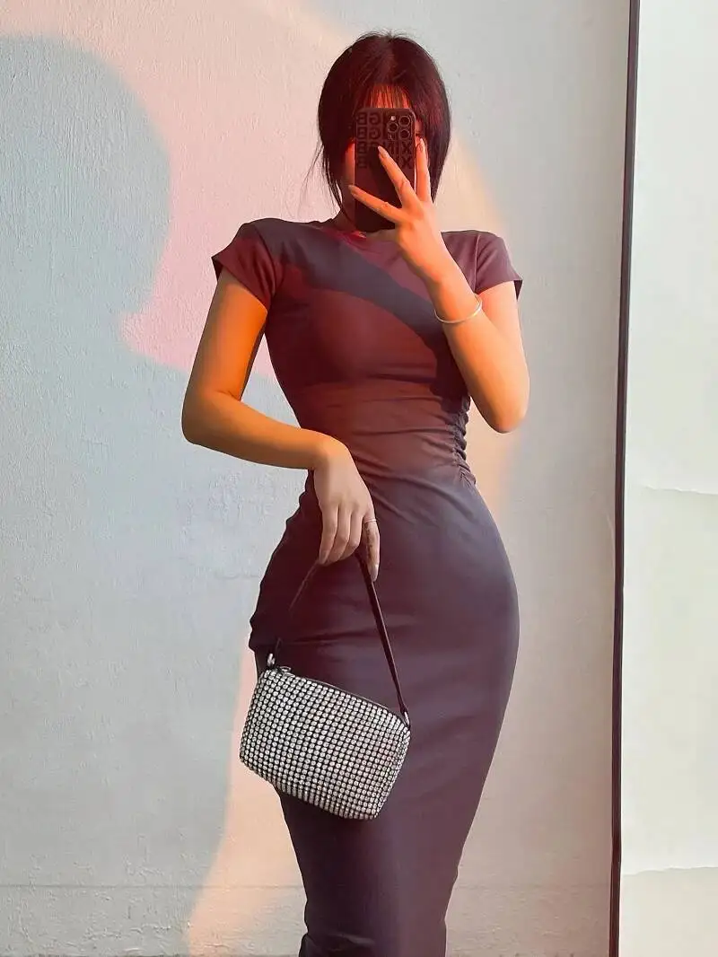 WOMENGAGA 純粋なセクシーなラウンドネックハイウエストプリーツスリムヒップ半袖 Tシャツロングドレスマキシドレス女性ファッションローブ K8VS