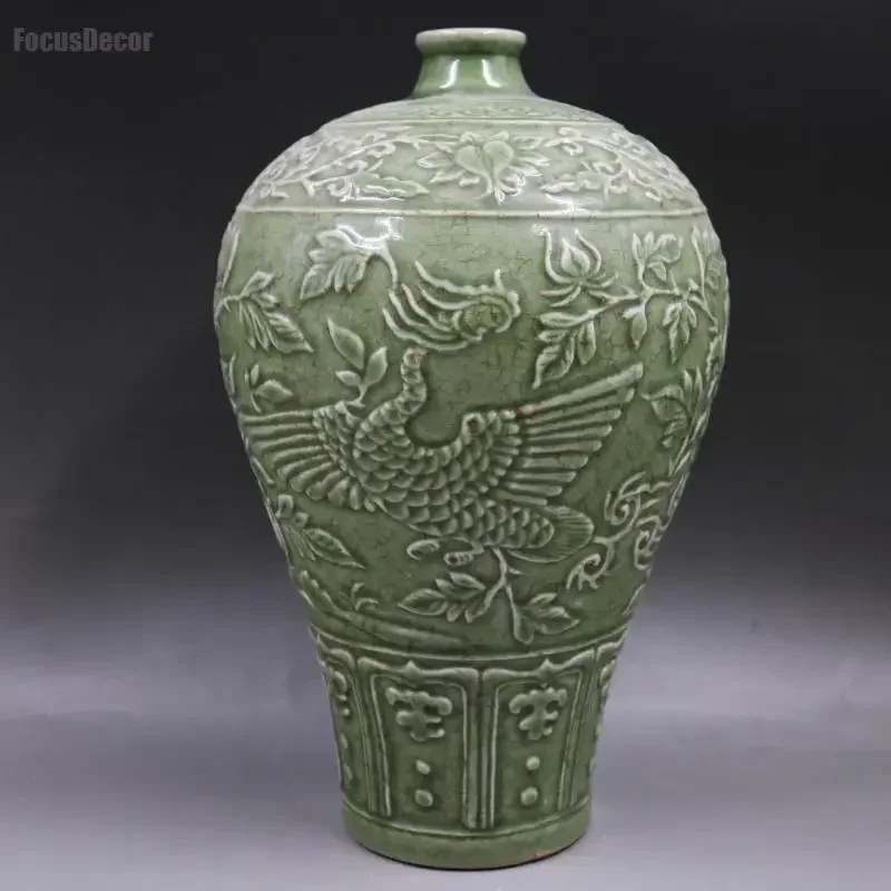 Green Engraved Vase Phoenix Peony Plum Bottle Imitation Ancient Vases Porcelain Vintage Green Ceramic Vase Chinese Design