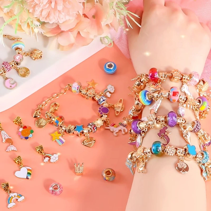 65 Pcs DIY Charm Bracelet Making Kit,Jewelry Kit Teen Girls with Mermaid Pink Stuff Craft Gifts New Year Jewelry Making Gift Box