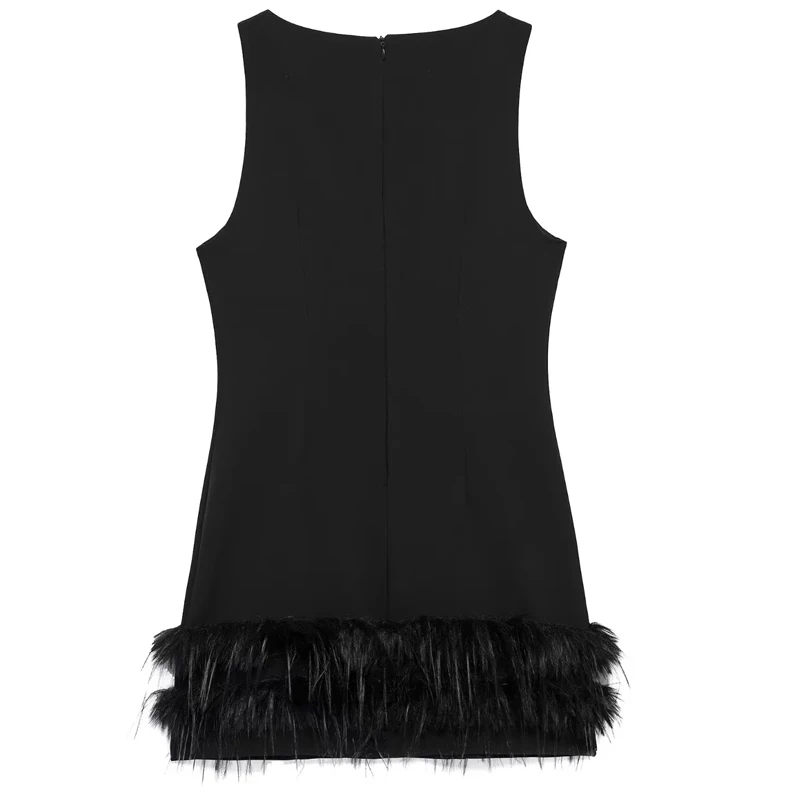 HXAO Elegant Mini Dresses 2024 Women\'s Feather Sleeveless Short Dresses Fashion Casual Party Evening Black Dress Vestidos