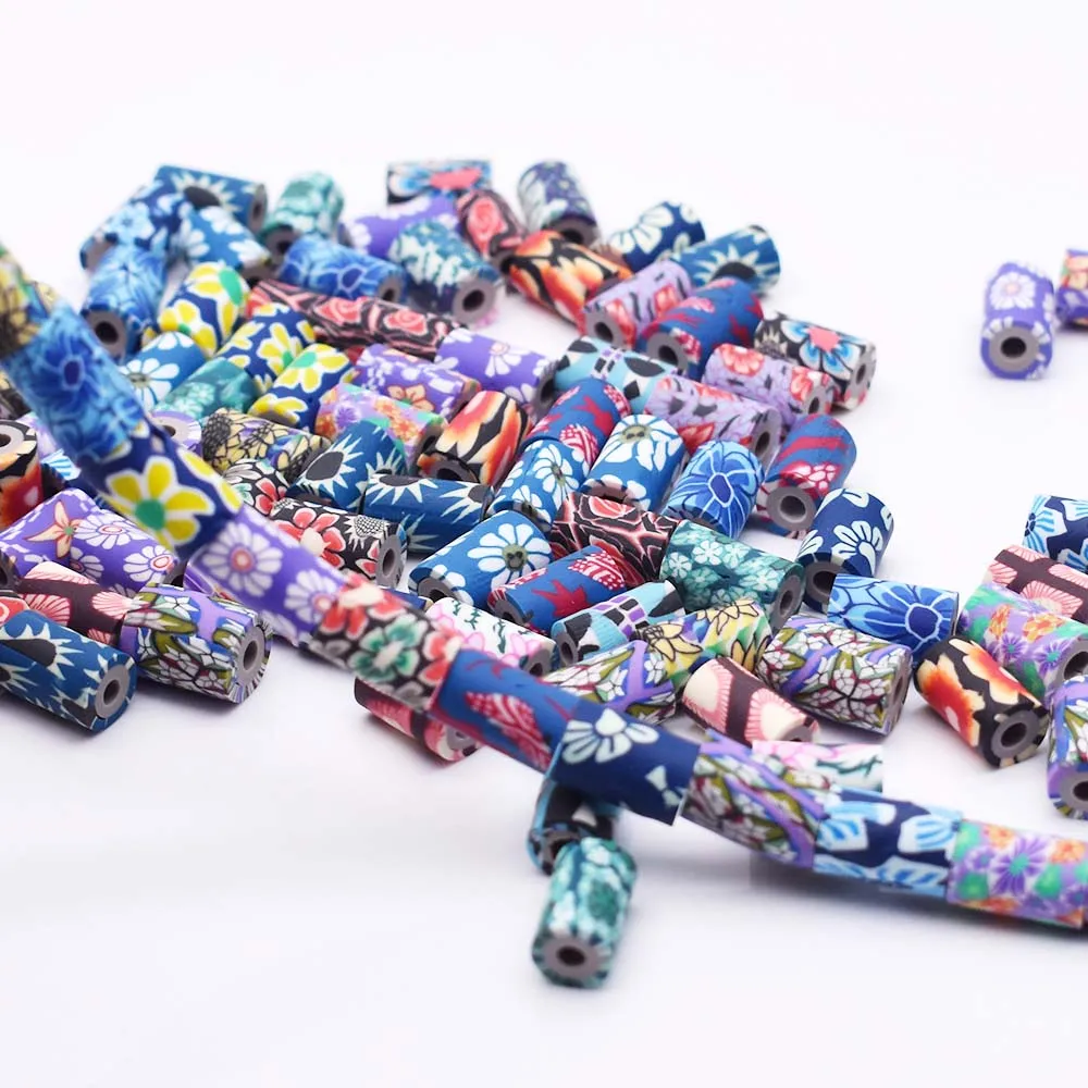 Mixed-color 7x11mm Tube Polymer Clay Beads Flower Pattern Printing Beads Tube Loose Spacer Beads for Jewelry Making DIY Bracelet