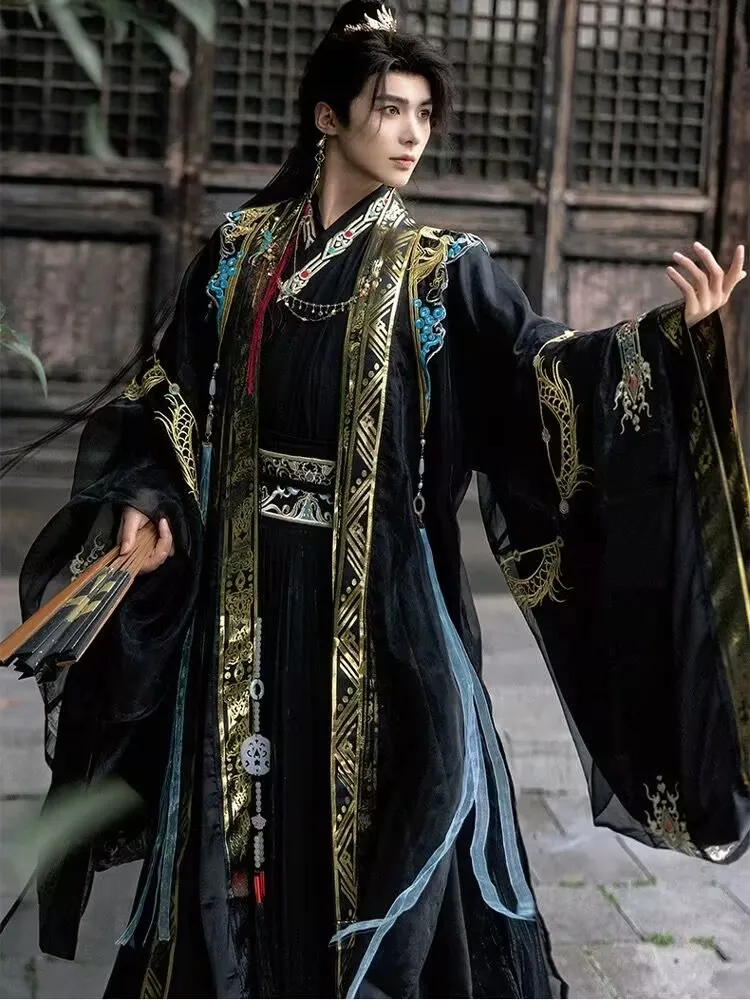 Ukuran Besar 5XL Hanfu Pria Cina Kuno Tradisional Hitam Hanfu Kostum Halloween Cosplay Kostum Hanfu Cocok untuk Wanita Plus Ukuran