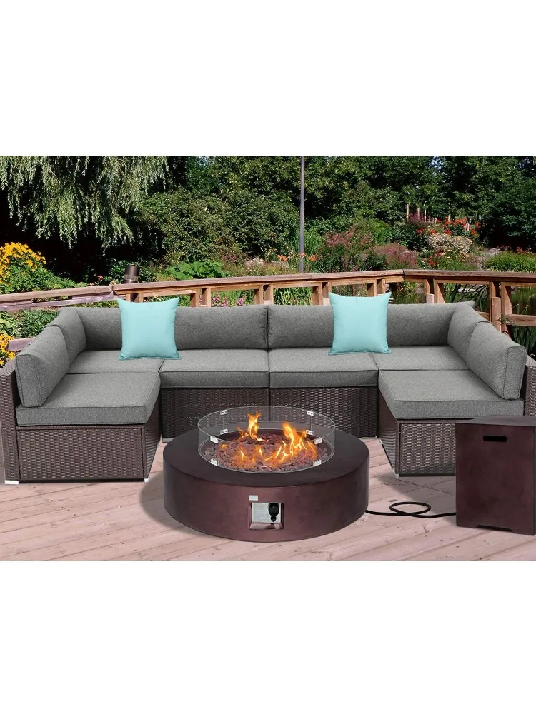 

Комплект мебели для патио из 8 предметов, всепогодный плетеный секционный диван, темно-серые подушки с 42-дюймовой круглой бронзовой лаконкой