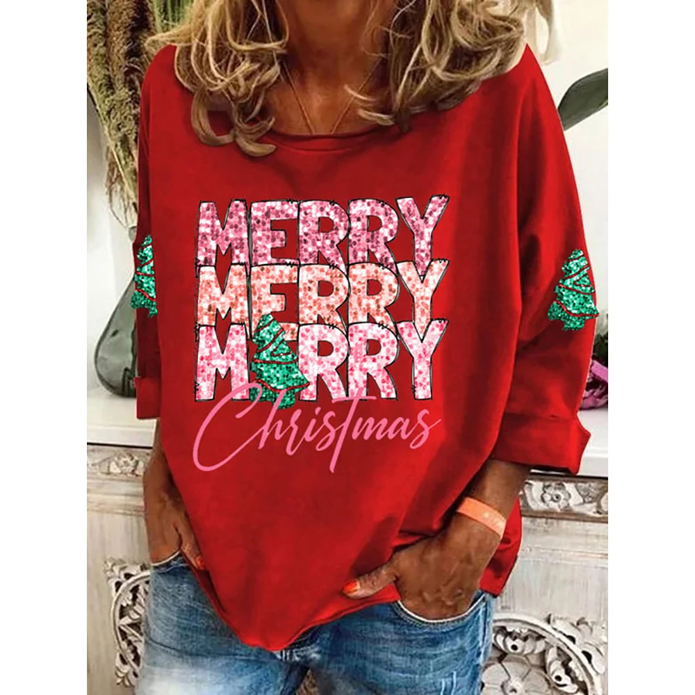 Merry Christmas Letter Print Women's Long Sleeve T-Shirt O-Neck Cotton Tops Autumn Ladies Pullover Casual Female Party Clothing