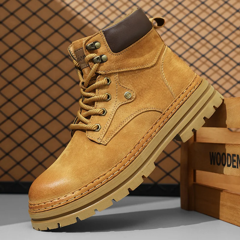 أحذية جلدية صفراء كبيرة للزوجين: أحذية رجالية جديدة لخريف وشتاء 2025، أحذية قصيرة على الطراز البريطاني، نعل سميك عالي الجودة #4