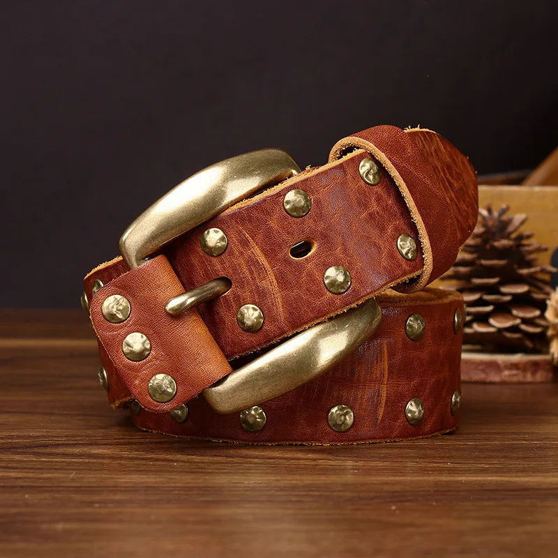 

Мужской ремень с заклепками в стиле панк, утолщенный ремень из натуральной кожи, латунная пряжка, потертый ретро-потертый ремень из натуральной яловой кожи, персонализированный джинсовый ремень