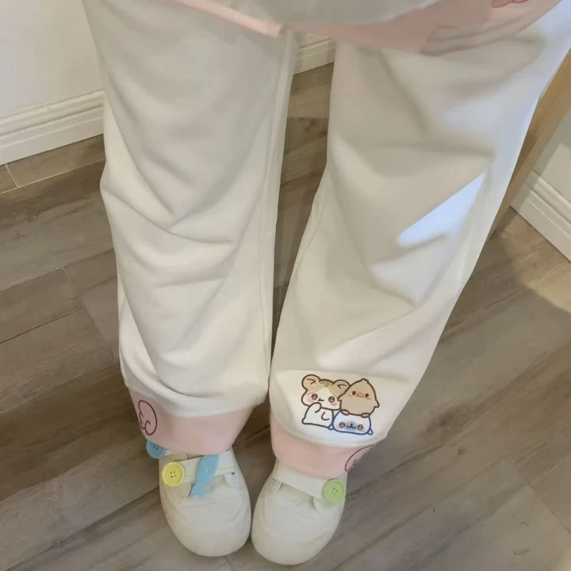 Japanese Kawaii Full Length Straight Pants Sweet Women Casual Cartoon Print Slim Patchwork Embroidery High Waist 2025 Autumn