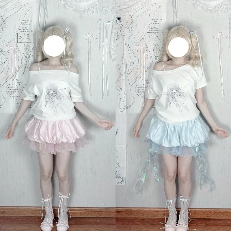 2025 صيف جديد اليابانية Rojita نمط الحلو لطيف قنديل البحر تنورة الشيفون التخسيس منخفضة الخصر منتفخ نصف التنانير الملابس النسائية