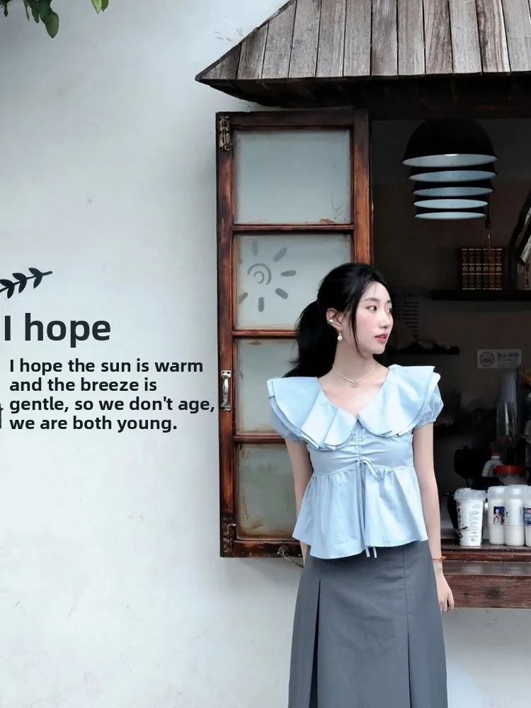 Coréen Sle Anti-âge Faion col à volants ort irt femmes été Design Dstring cravate taille haut décontracté Sle