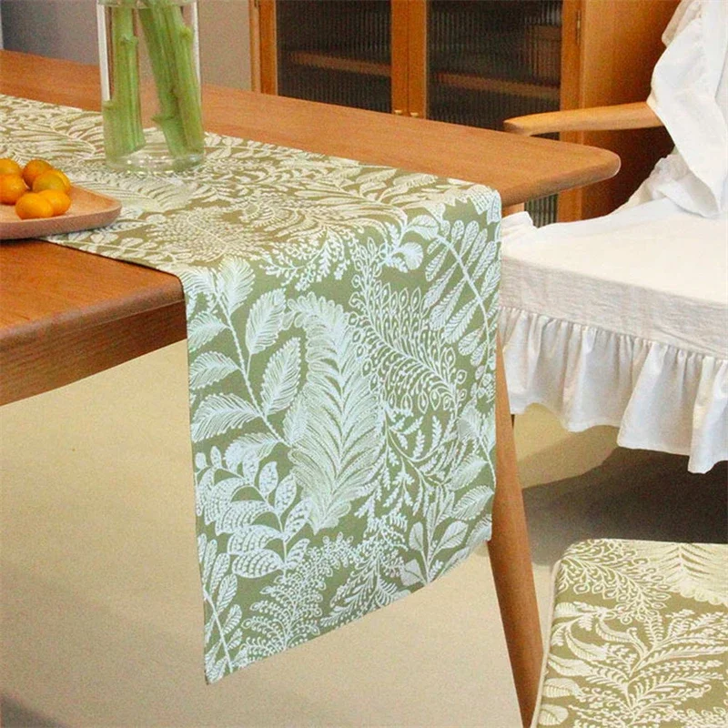 Green Flowers Embroidery Vintage Elegant Tassels Tablecloth Mesh Dining Table Rectangle Cafe Cabinets Cover Kitchen Dinning Room