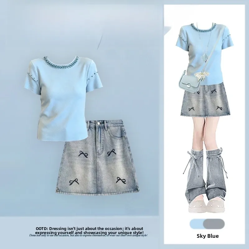 Summer Fashion Elegant Short Sleeve Beaded Top And Casual Denim  Skirt Two Piece Set Age Reducing Slimming High End Feel