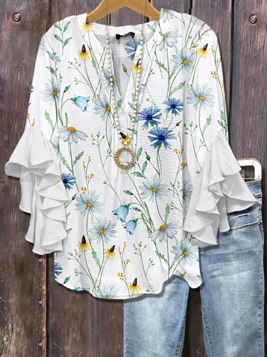 Women's Printed T-shirt Summer Polyester Loose Slim Versatile Breathable Fashion Crew Neck Top