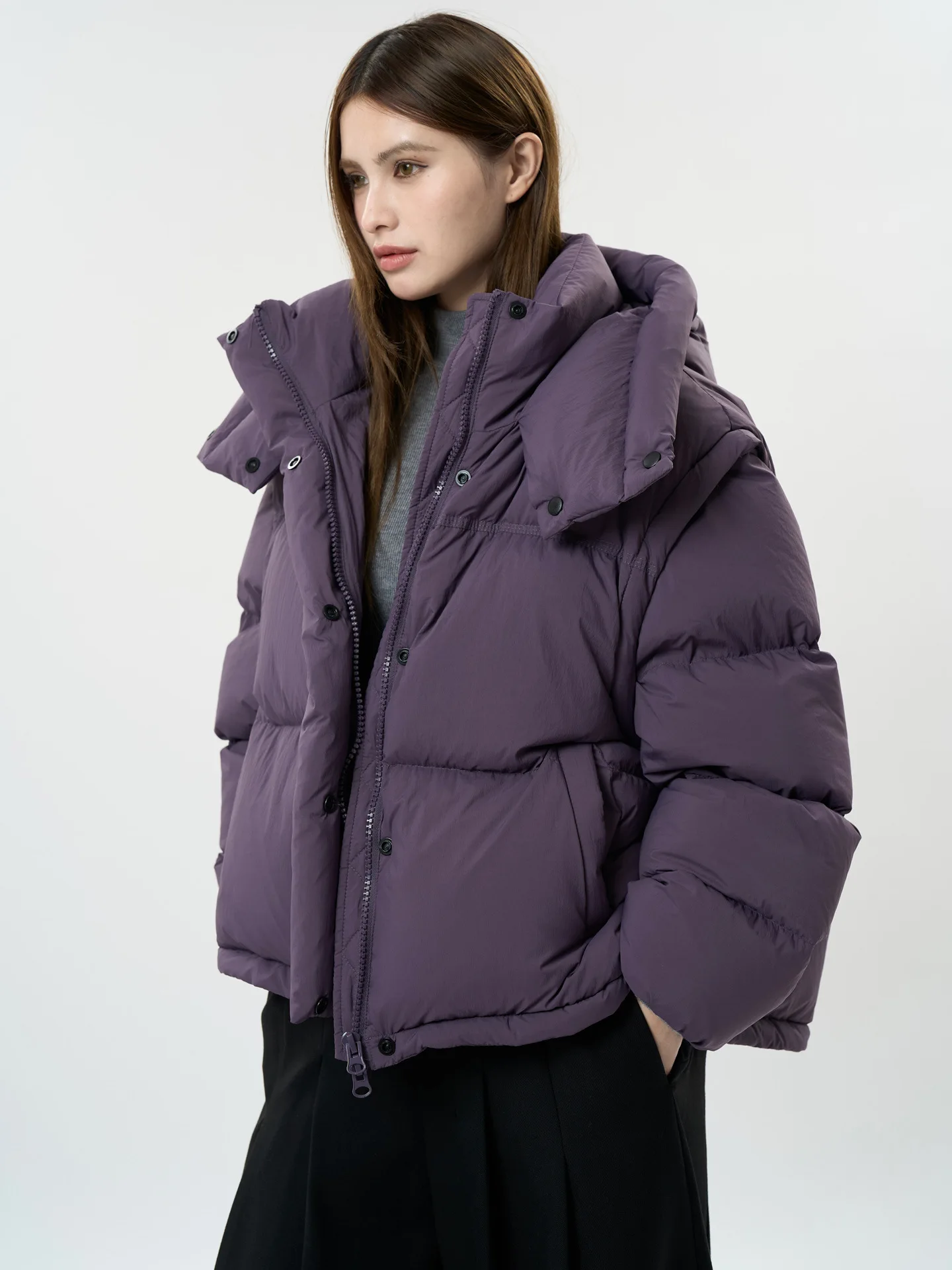 Winter women\'s casual solid color loose hooded thick down jacket coat