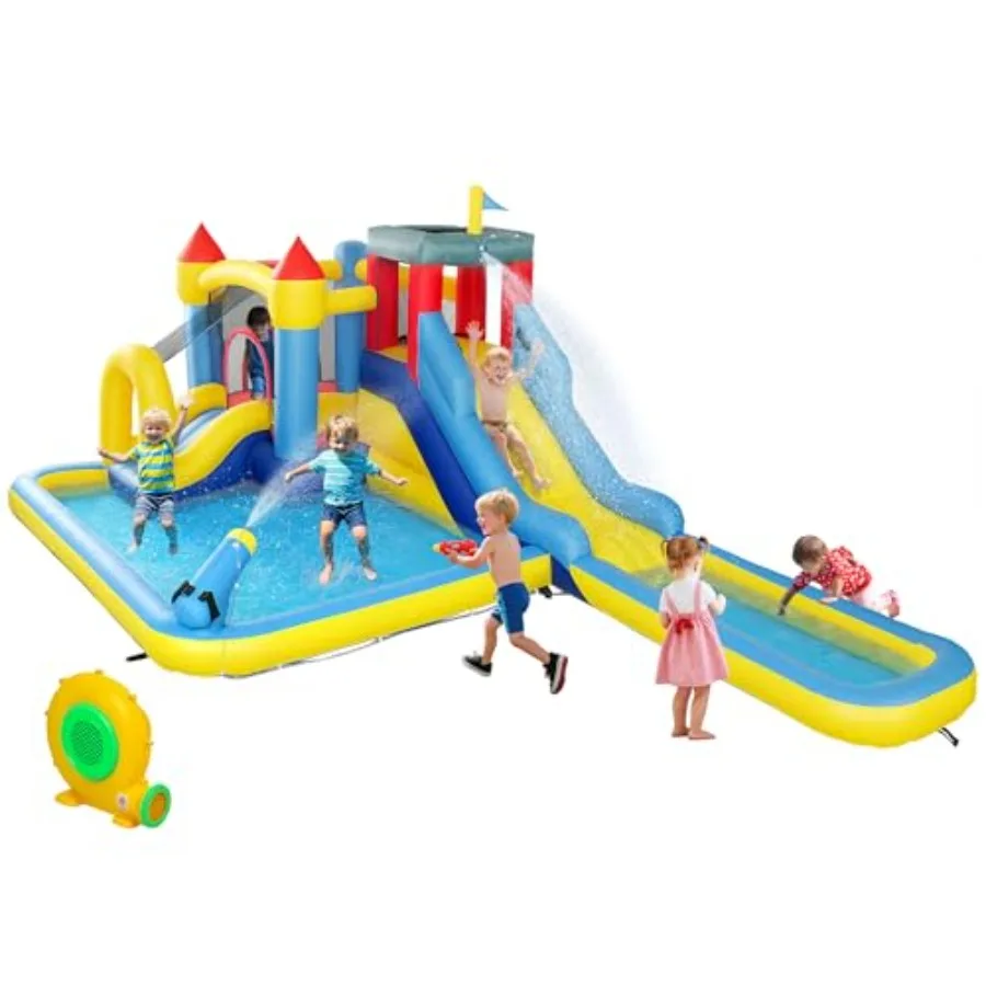 Opblaasbare waterglijbaan, Kids Bounce House Park 6 in 1 met 550 W blazer, splash-zwembaden, 2 glijbanen, trampoline, klimmuur, blik
