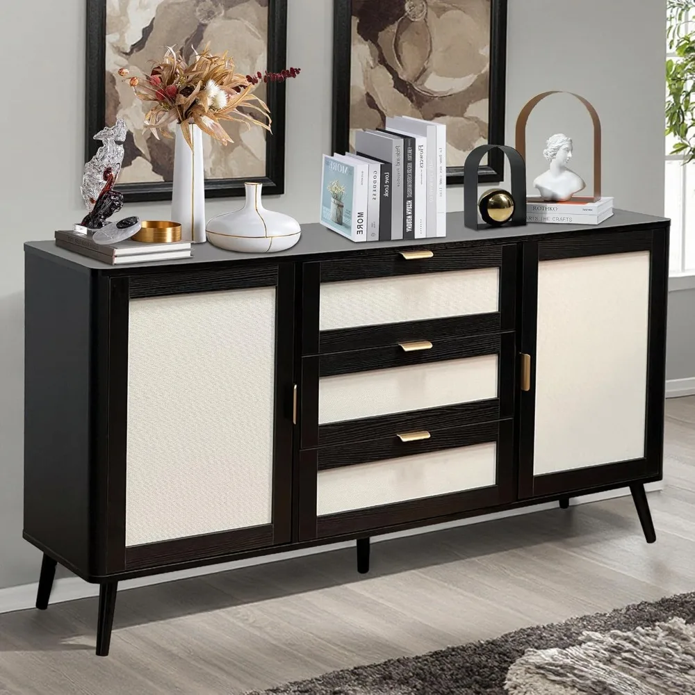 

63 Buffet Cabinet with Drawers, Modern Sideboard Storage Cabinet with Adjustable Shelves, Large Coffee Bar Buffet Table
