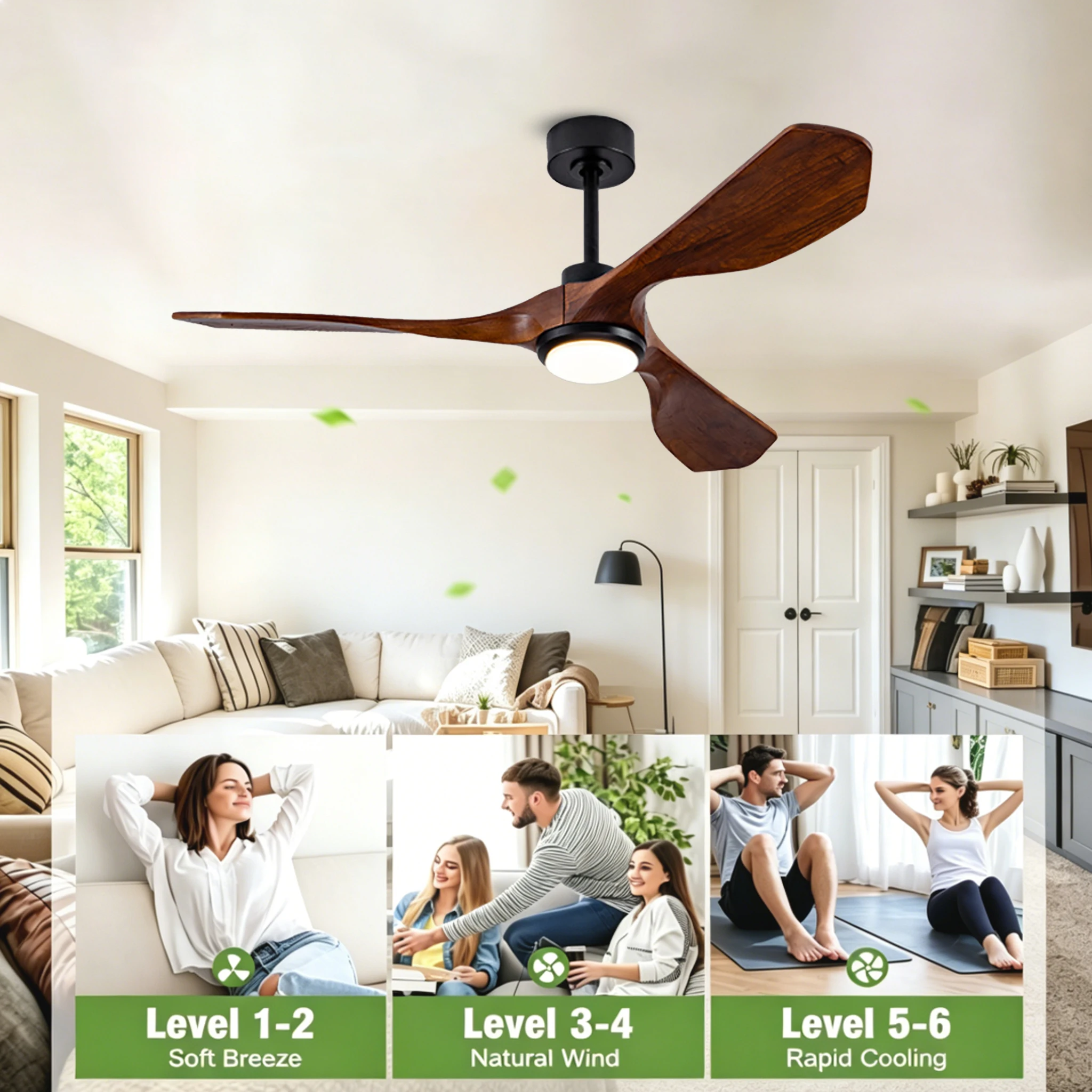 52 Inch Natural Wood Ceiling Fans with Lights and Remote Modern Reversible DC Motor Home Decorative Fan for Summer and Winter