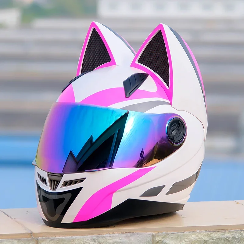 

Full Face Motorcycle Helmet Men Motocross Safety Helmet White Pink Cat Ear Helmet Women Motorcycle Capacetes Casque DOT Approved