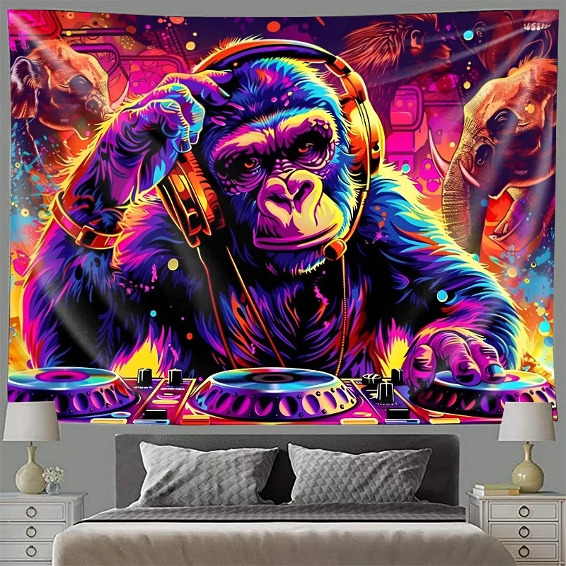 

Dynamic DJ Gorilla Fluorescent Tapestry Spin Your SpaceUV tapestry wall hanging bedroom home party decoration