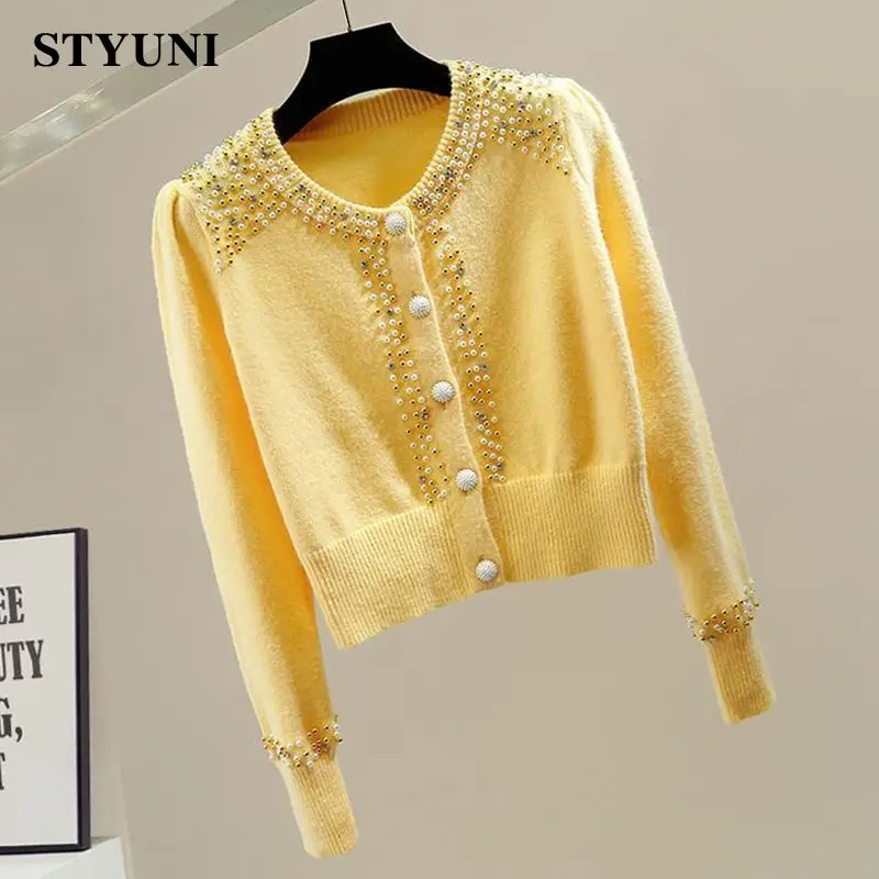 Yellow Embroidered Flares O-Neck Chic Long Sleeve Acrylic Knitted Women's Sweater Korean Fashion Thick Cardigan Autumn Winter