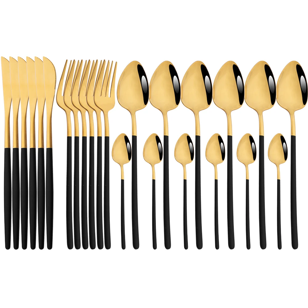 

24Pcs Western Black Handle Gold Tableware 18/10 Stainless Steel Dinnerware Cutlery Flatware Set Knife Spoon Fork Silverware Set